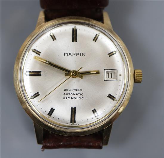 A gentlemans 1970s 9ct gold automatic wrist watch, retailed by Mappin, with baton numerals and date aperture,